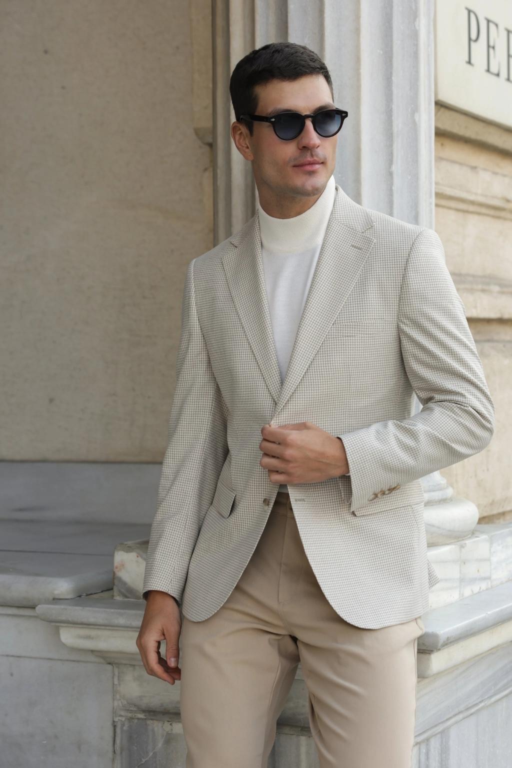 Beige Small Check Pattern Blazer