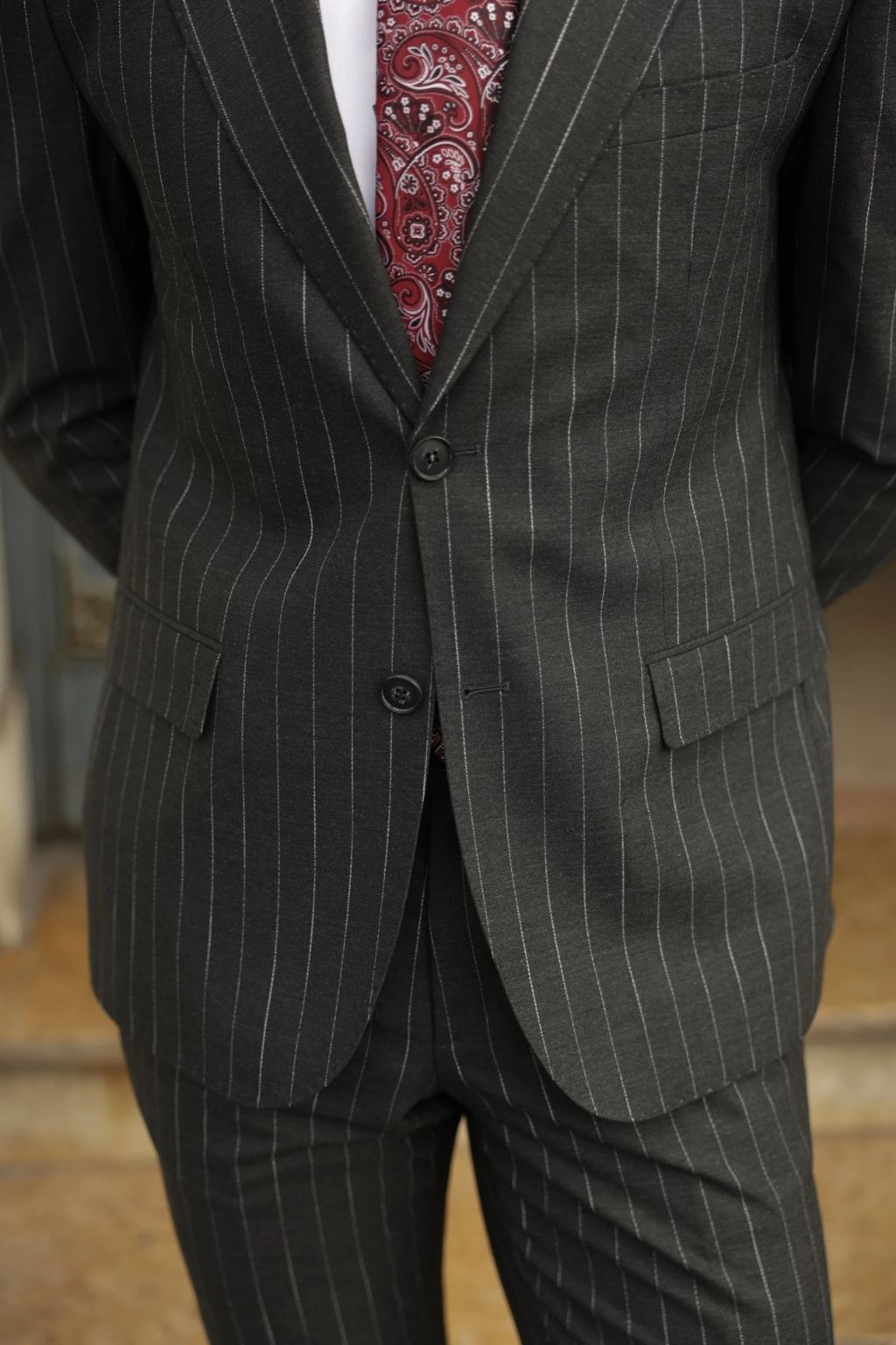 Striped Dark Grey Tailored Fit Kohl Suit