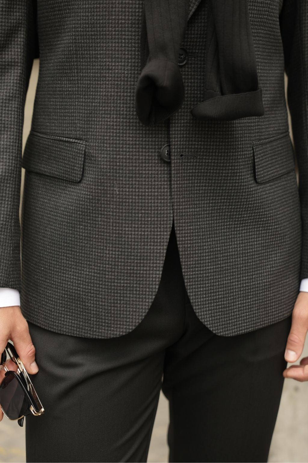 Dark Grey Small Check Pattern Blazer