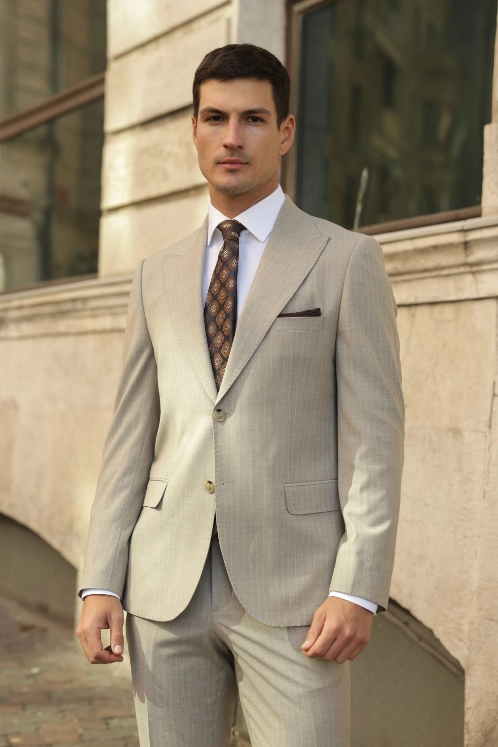 Striped Beige Tailored Fit Kohl Suit