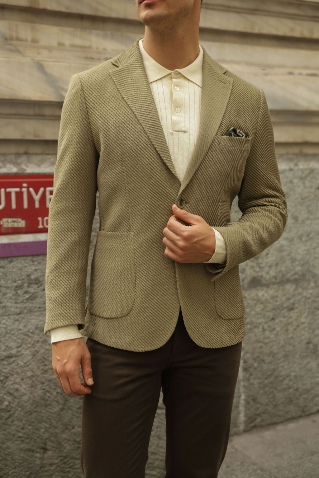 Khaki Waffle Iron Pattern Blazer